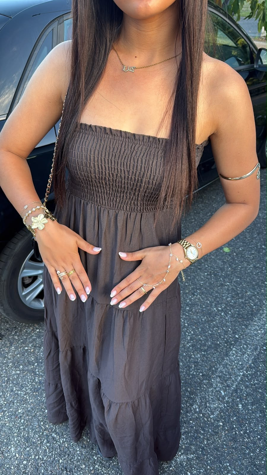 BROWN STRAPLESS DRESS
