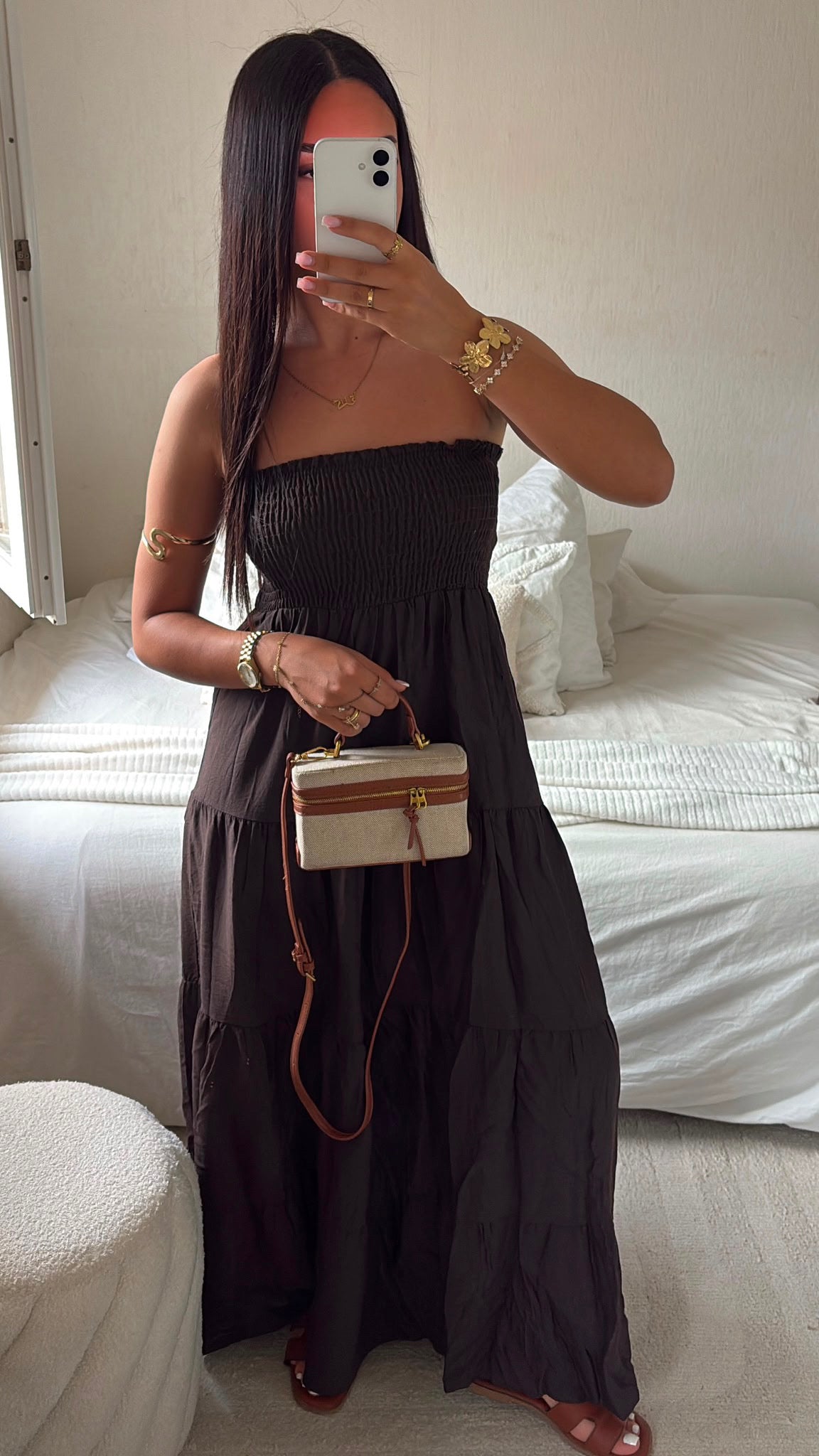 BROWN STRAPLESS DRESS