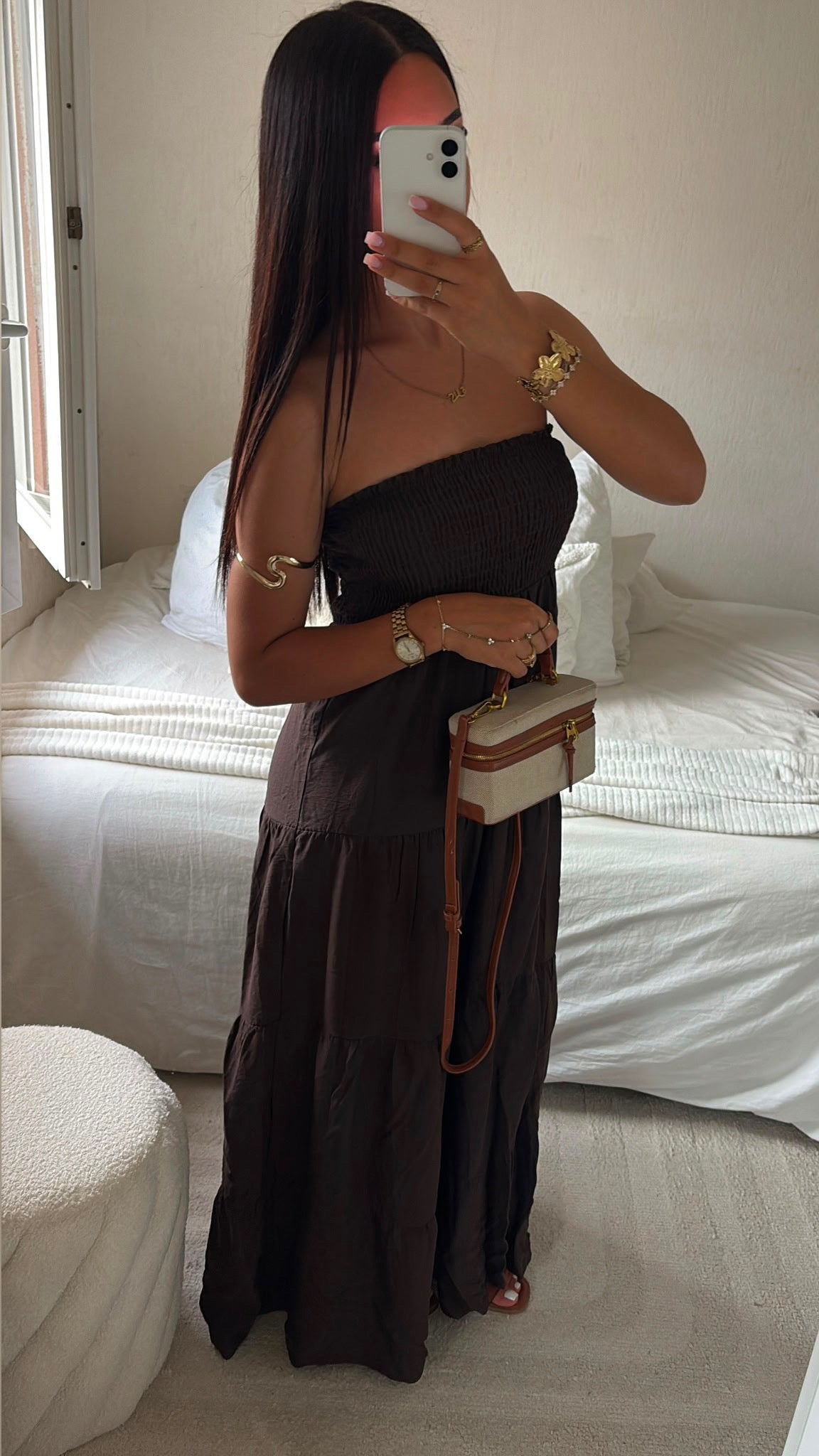 BROWN STRAPLESS DRESS
